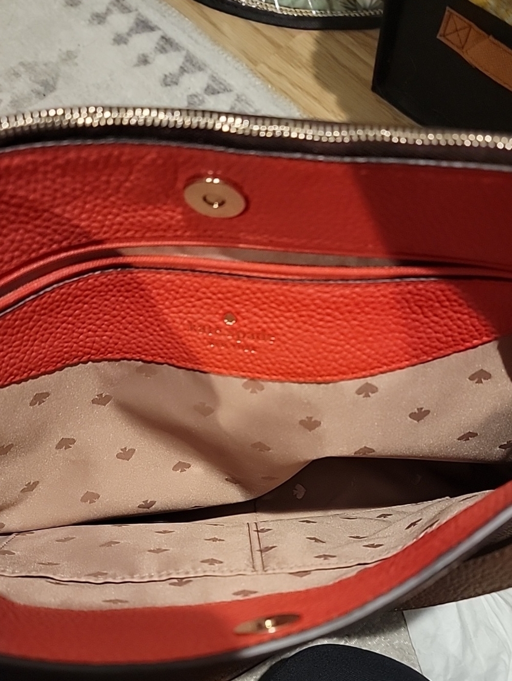 kate spade Brown Pebbled Leather Hobo Shoulder Bag with Coral Trim - Picture 12 of 15